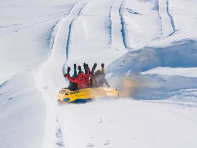 A group is rafting on snow at the Village Vacances Valcartier, near Québec City.