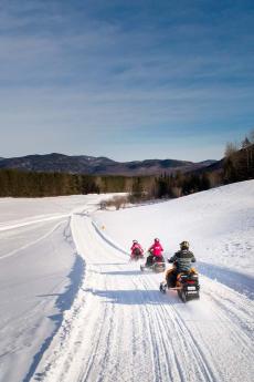 Snowmobilers riding in a field